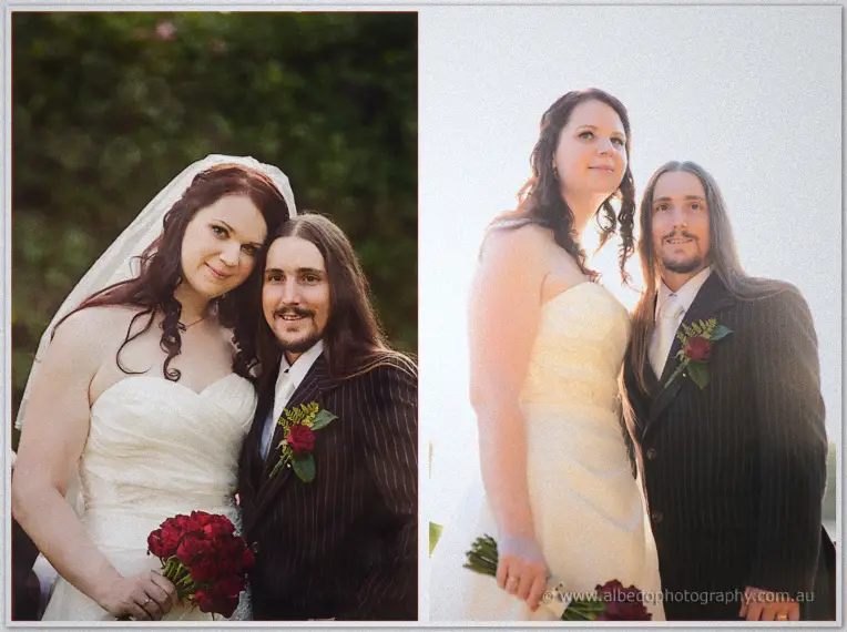 Two portraits pair Jenn and Lance cheek to cheek in the garden, then backlit by the low golden sun