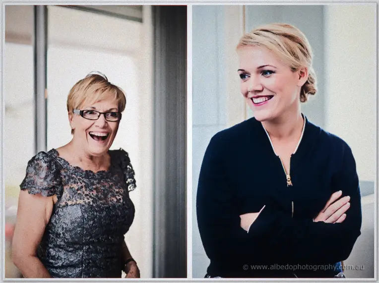 Two candid portraits: Emily's mother laughing in grey lace and the bride smiling with crossed arms