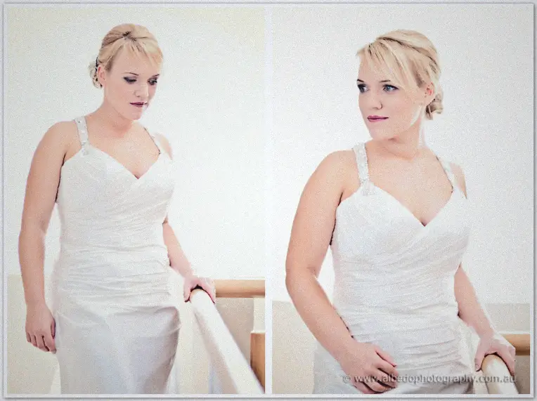 Two portraits of Emily in her ruched gown resting a hand on the banister