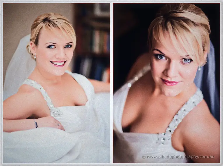 Two intimate portraits of Emily in her beaded gown and veil by the bookshelves