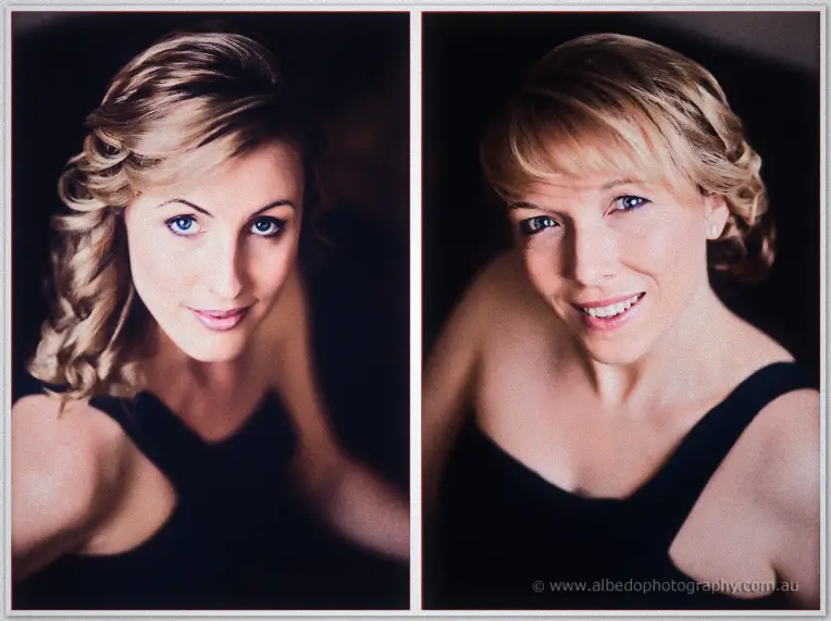 Close portraits of two bridesmaids with styled curls against a dark background