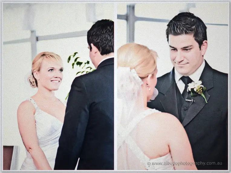 Two portraits of the couple exchanging vows, both smiling through the ceremony
