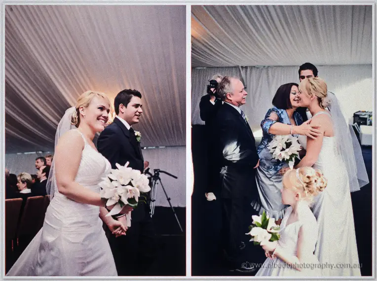 The newlyweds walk back up the aisle, then Emily hugs a guest among the congratulations