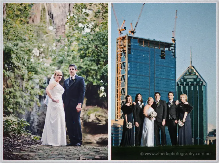 A waterfall portrait of the couple beside a city group shot of the whole bridal party