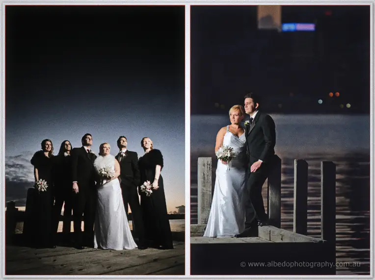 The bridal party stares upward on the jetty, then Emily and Quentin pose at the rail after dark