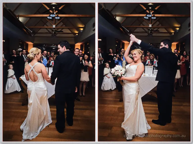 Emily and Quentin share their first dance beneath the timber beams of a packed hall