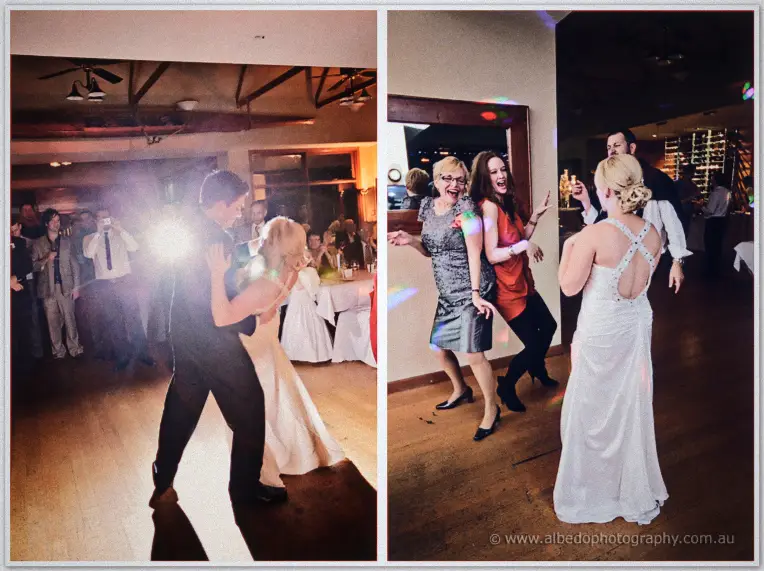 Camera flashes light the couple's dance, then guests cut loose on the floor beside them
