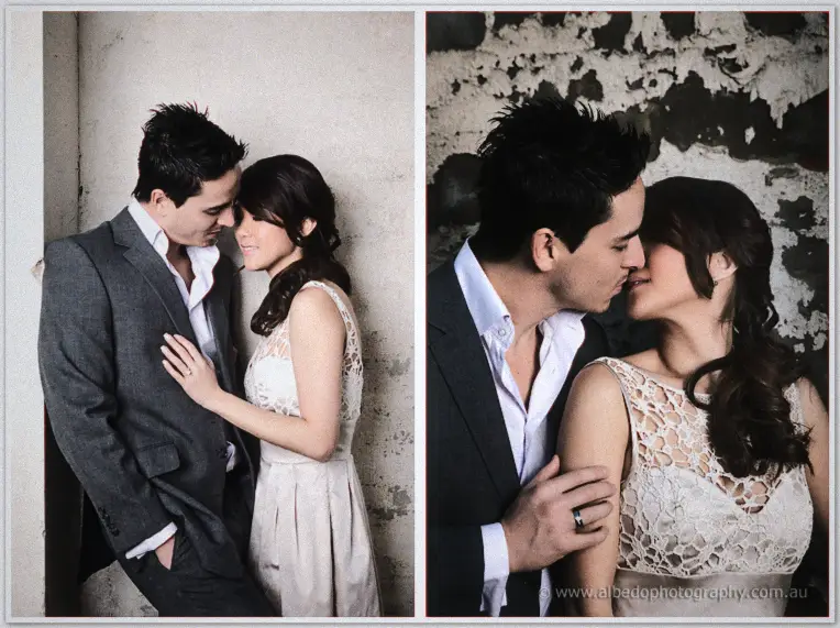 Pre wedding Fremantle | Jade and Aaron Diptych of Jade and Aaron leaning into each other by a weathered wall, foreheads touching in close-up