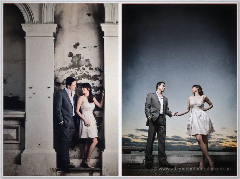 Jade and Aaron share an alcove portrait, then face each other holding hands at dusk by the water