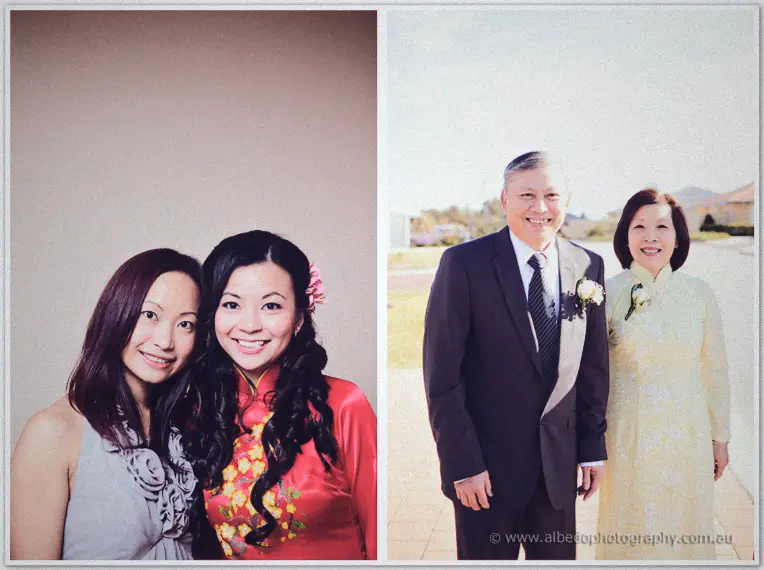 Michelle in red ao dai leans on her maid of honour, then poses with her smiling parents in the sunshine.