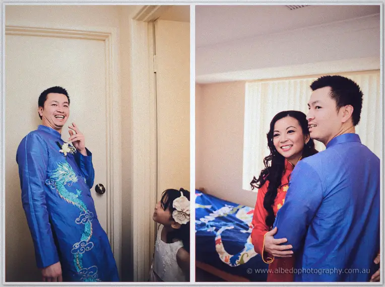 Khoa laughs at the door in his dragon-embroidered ao dai, then embraces Michelle by the bed.