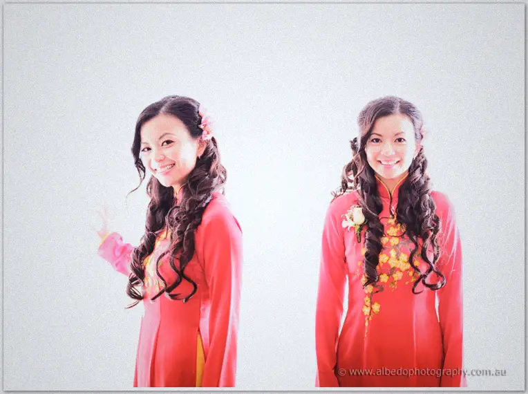 Twin portraits of Michelle in a red floral ao dai, all smiles with orchids in her long dark curls.