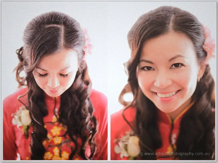 Diptych of Michelle in her red ao dai: eyes cast down shyly, then beaming at the camera in bright daylight.