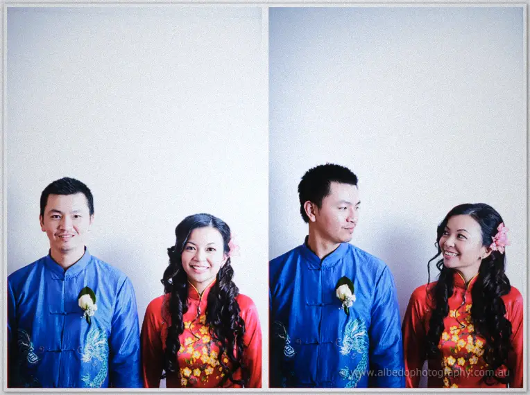 Studio-style diptych of the couple in ao dai, grinning at the camera then exchanging an affectionate look.