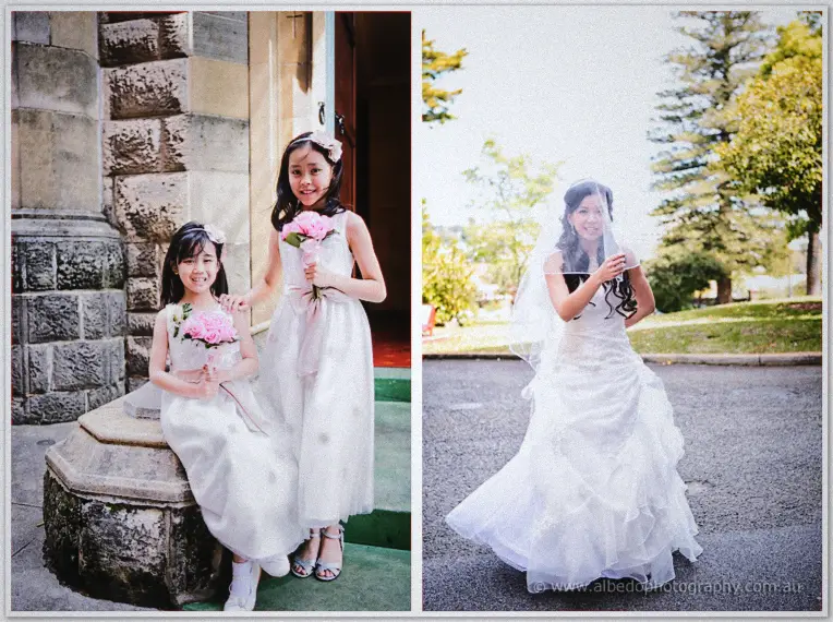 Flower girls with pink bouquets rest by the church door, then bride Michelle twirls in her veiled gown.