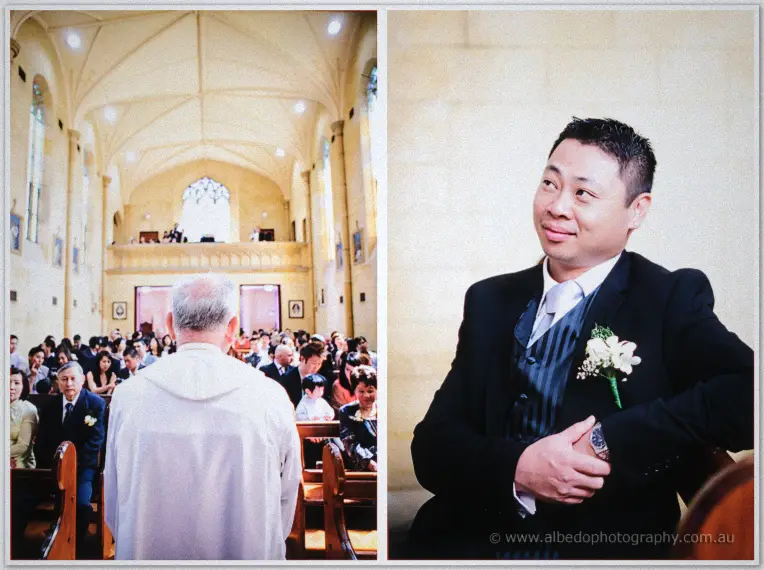 A priest faces the packed church, then a portrait of groom Khoa smiling in his black suit.