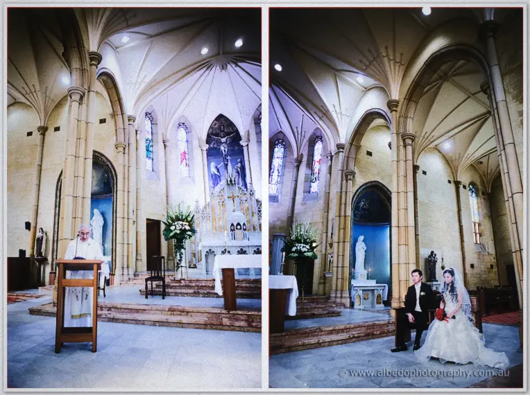 The priest speaks at the lectern, then Michelle and Khoa sit together before the altar steps.