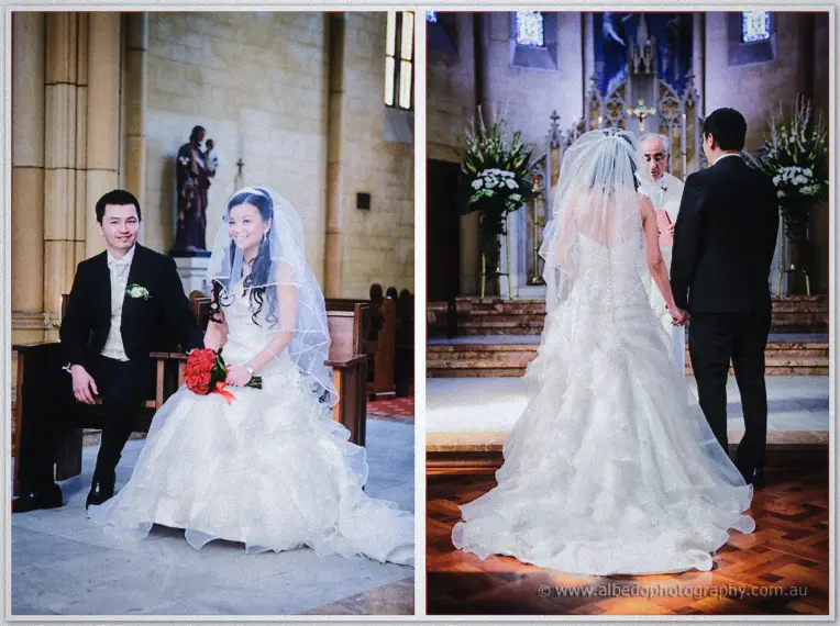 Michelle with her red bouquet sits beside Khoa, then they stand hand in hand before the priest.