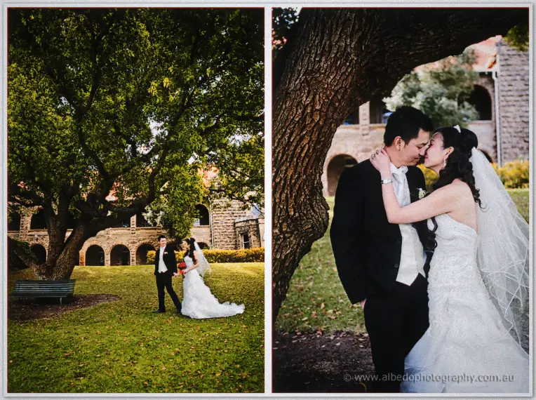Michelle kisses Khoa beneath a spreading tree on the lawn of a sandstone cloister courtyard.