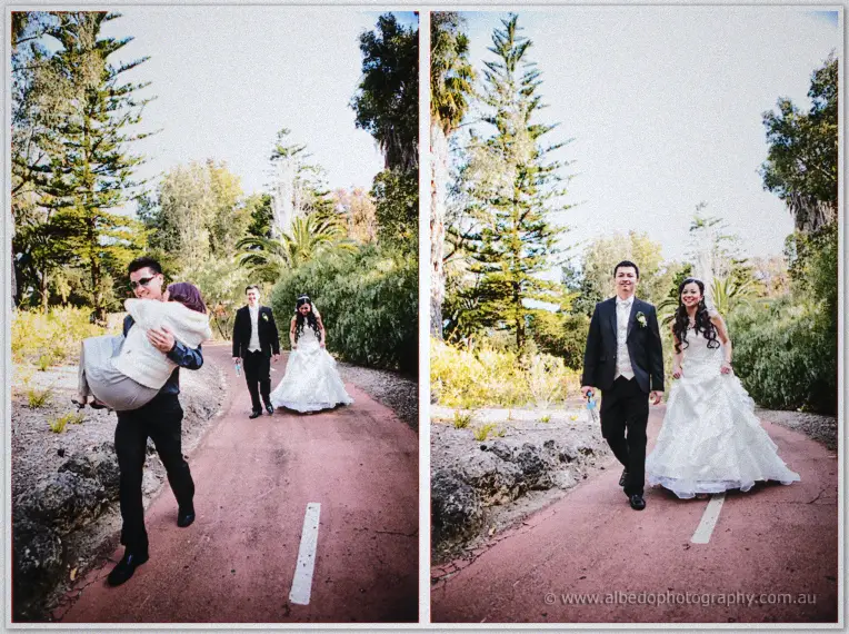 Michelle holds her pose on the lawn as wind sweeps her veil against a bright sky.