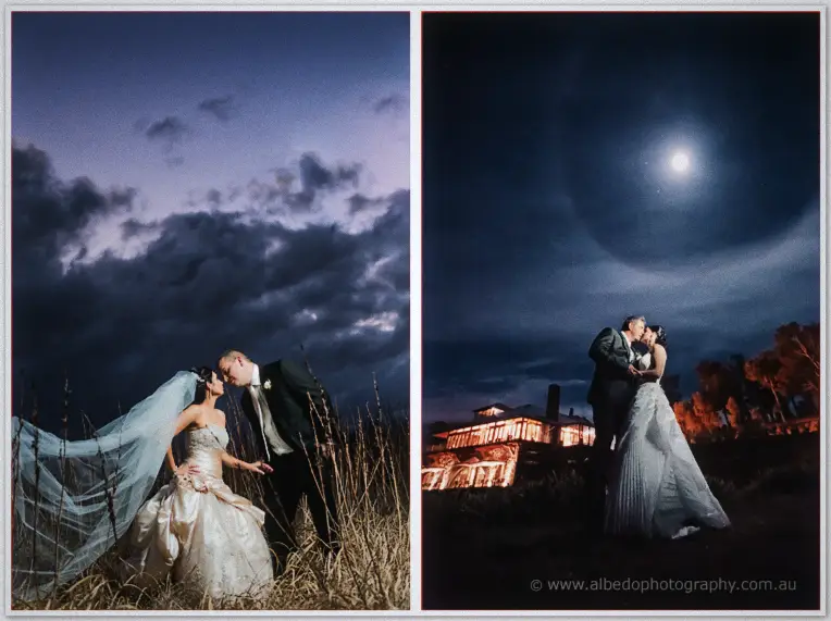 Bride and groom at dusk in tall grass, then kissing under a hazy moon beside a warmly lit building