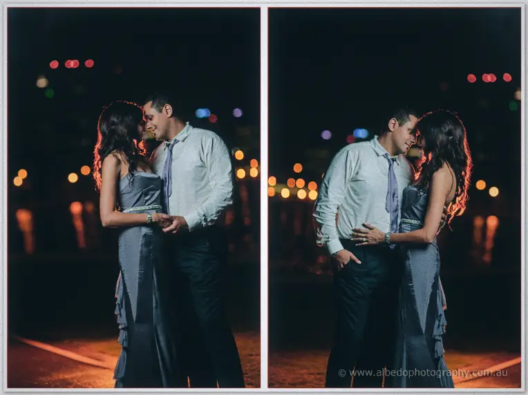 Two night portraits side by side show Lydia and Mina forehead to forehead beside the river