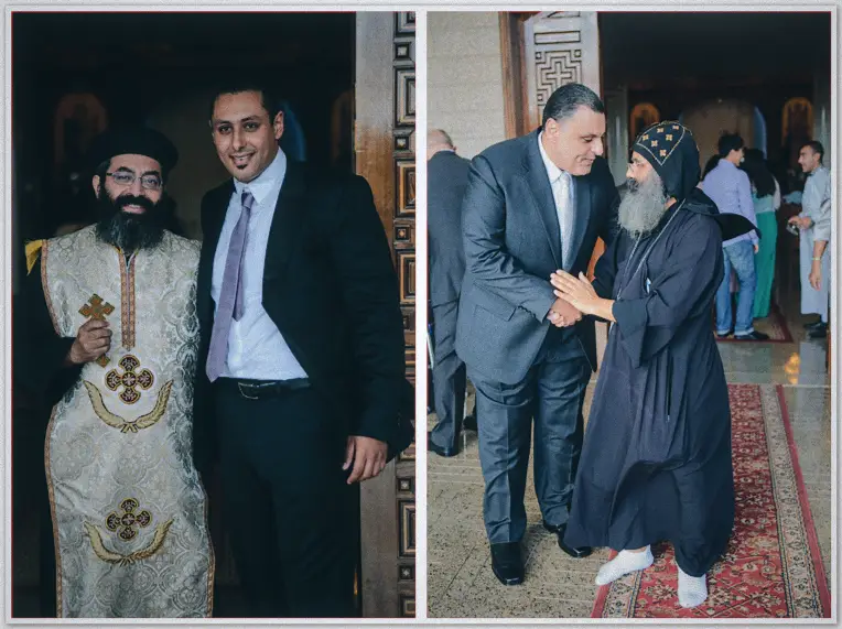 Mina in a dark suit poses beside his priest, then elders exchange warm greetings in the church vestibule