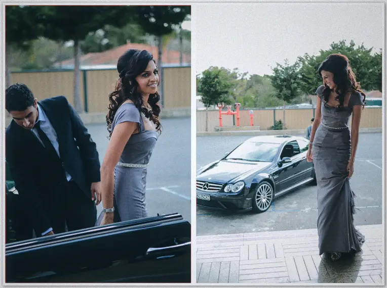 Lydia in a flowing grey gown steps out beside the black coupe with Mina on her arrival