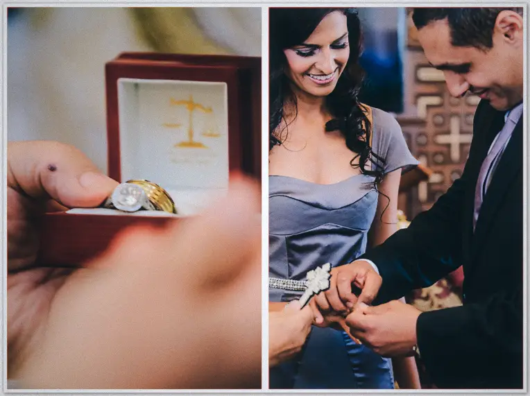 Mina slides the engagement ring onto Lydia's finger, a gold watch waiting in its box nearby