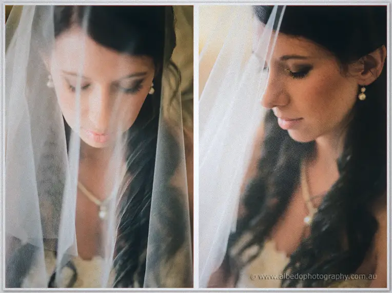 Two close profiles of Sarah under her tulle veil, pearl drops catching the soft light.
