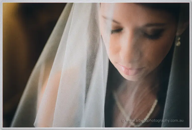 Sarah's face half-veiled behind fine tulle as she gazes down through the netting.