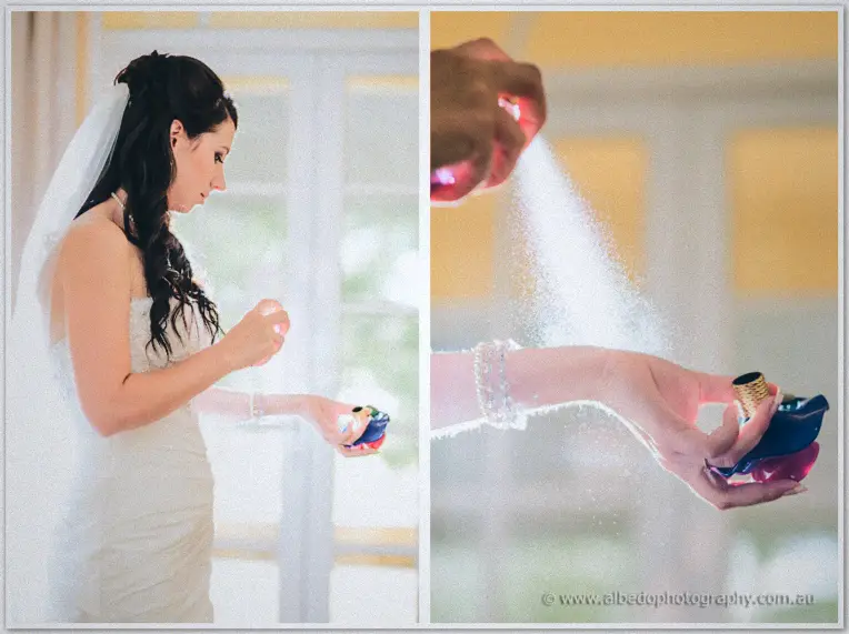 Diptych of the bride spraying perfume beside bright windows, mist rising over her beaded bracelet.