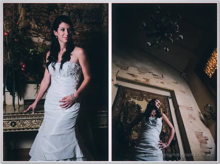 Diptych of the bride in her beaded strapless gown posing by an ornate table and tapestry in moody light.