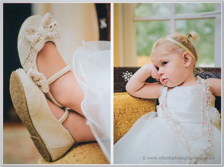 Diptych of lace bow shoes kicked up beside tulle and the weary flower girl resting her cheek on her hand.