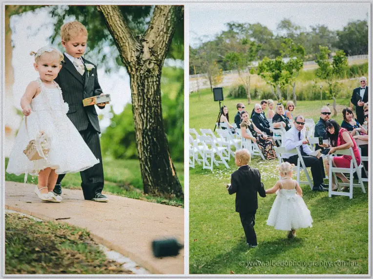 Diptych of the pageboy carrying the ring box with the flower girl by the hand down the garden aisle.