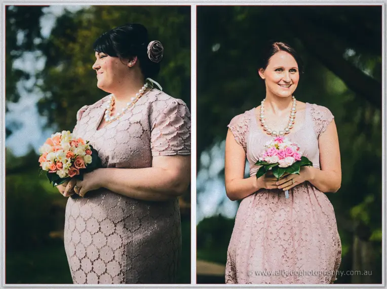 Diptych portraits of the bridesmaids in dusty pink lace holding peach and pink rose posies under the trees.
