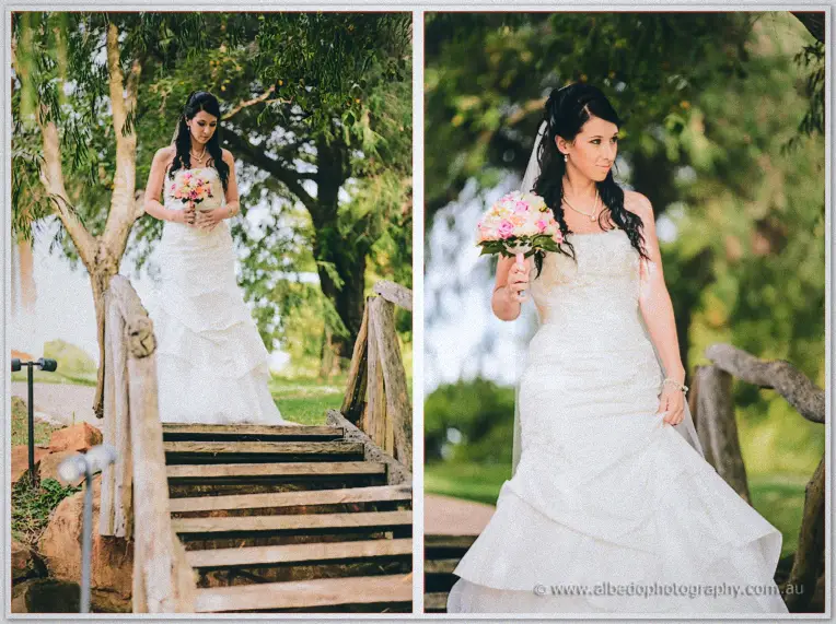 Diptych of the bride with her pink bouquet descending weathered timber steps and lifting her gown.