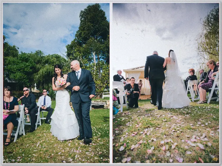 Diptych of the bride on her father's arm past rose petals, turning toward the pavilion altar.