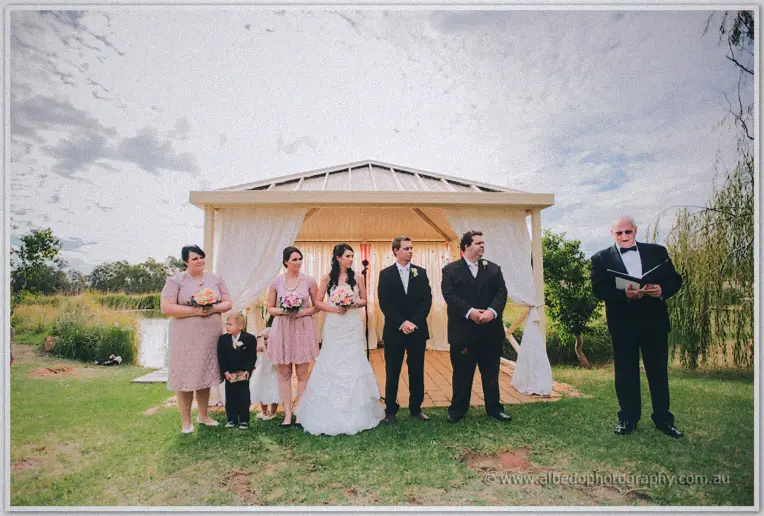 Bridal party lined up before the draped pavilion as the celebrant reads under a moody afternoon sky.