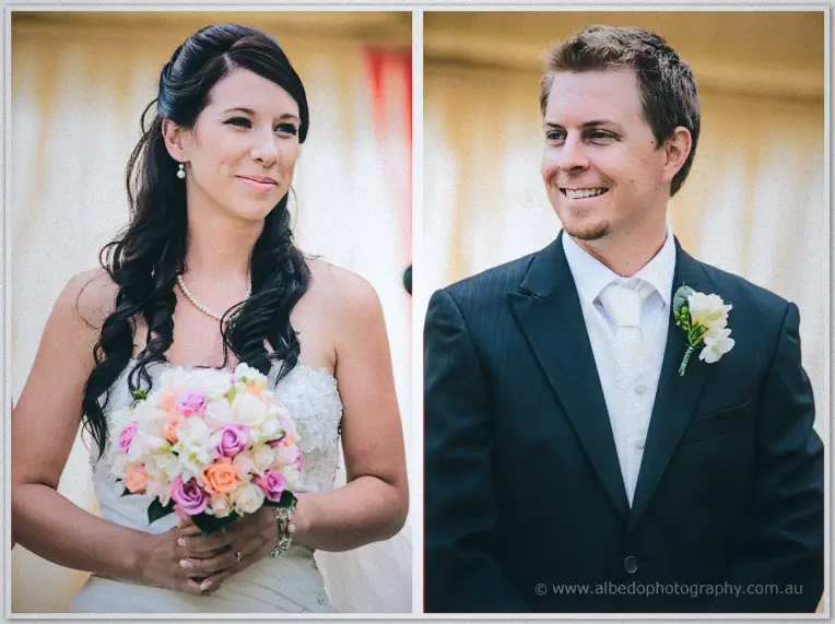 Diptych of the beaming groom in his dark suit and the bride clutching her pastel bouquet at the altar.