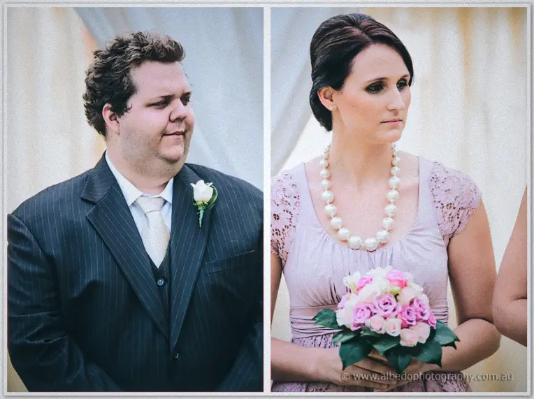 Diptych portraits of a groomsman in pinstripe and a bridesmaid holding her pink posy by the canopy.