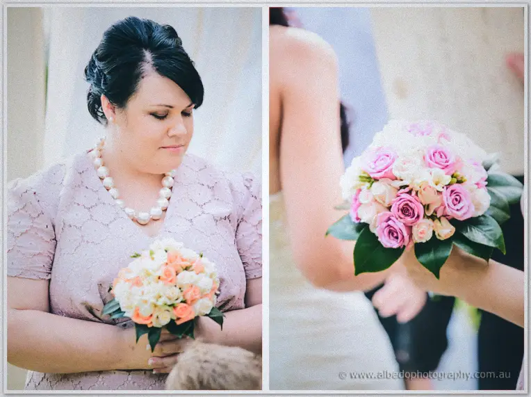 Diptych of a bridesmaid cradling peach roses and a close crop of the bride's pink and cream bouquet.