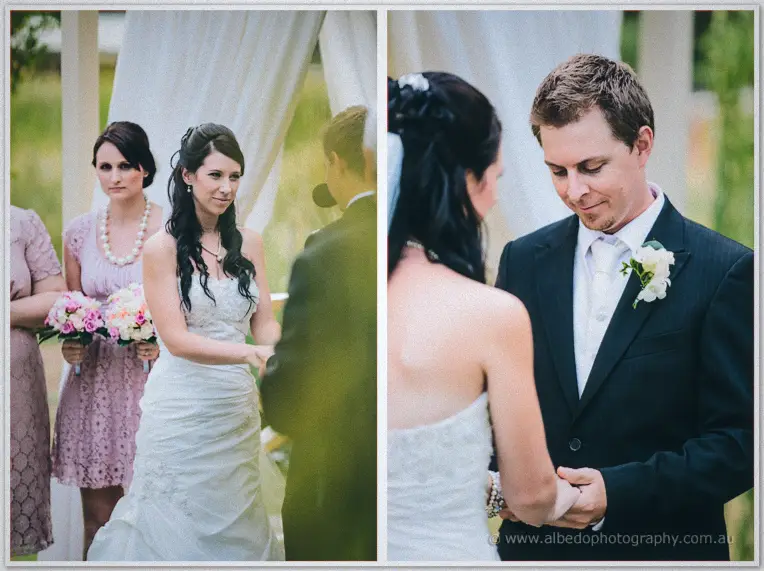 Diptych of the couple holding hands mid-vows, the groom smiling down at the bride beneath the canopy.