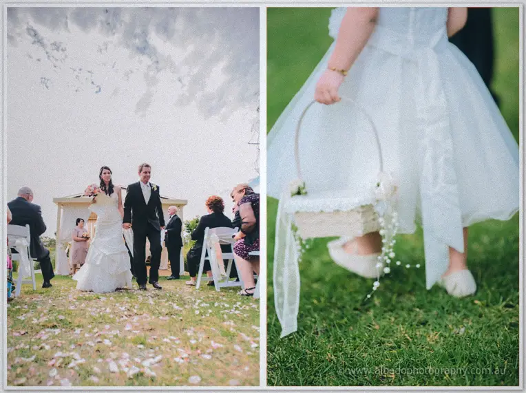 Diptych of the couple walking the petal-strewn aisle and the flower girl's ribboned basket on the grass.