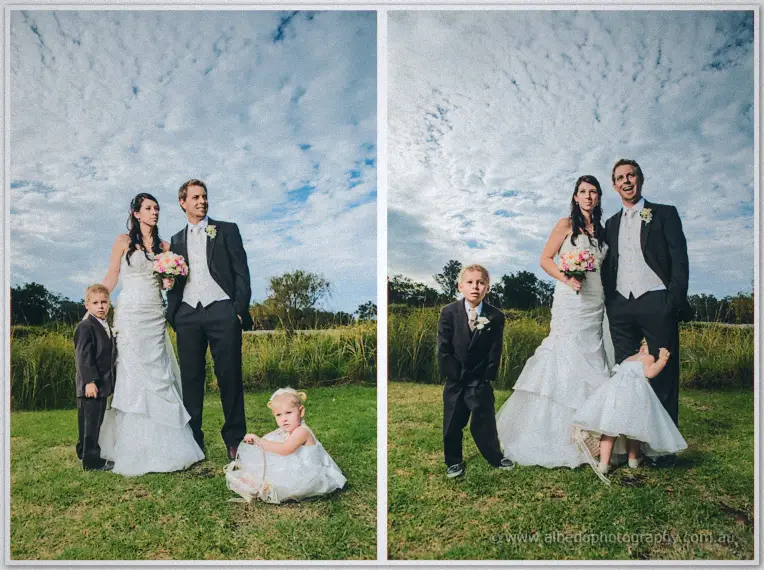 Diptych of the couple posing with the kids under a big sky, flower girl laughing and hiding in the grass.