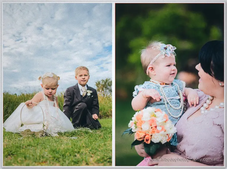 Diptych of the kids with the basket in the meadow and a baby in pearls reaching from her mother's arms.