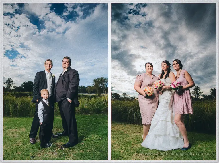Groom Daniel poses with a young page boy while Sarah joins her bridesmaids under moody Brookleigh clouds.