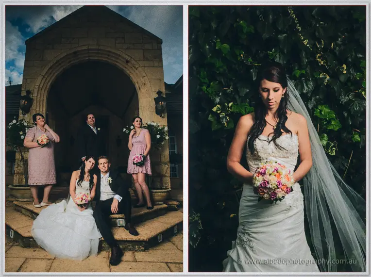 Wedding party gathers on the stone chapel steps while Sarah poses alone against ivy with her bouquet.