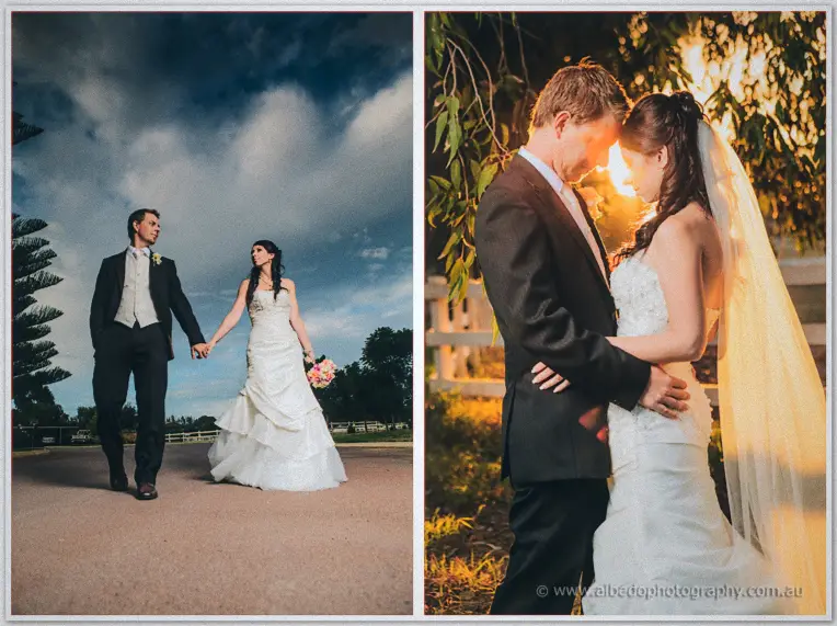 The couple walk hand in hand down a tree-lined drive, then embrace beneath glowing leaves at dusk.