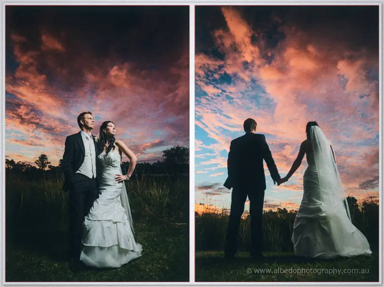 Fiery sunset clouds tower over the couple in the paddock, Daniel kissing Sarah's brow at dusk.